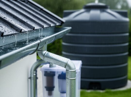 “Roof gutters and downspout directing rainwater into a filtration unit and large storage tank for a residential rainwater harvesting system.”