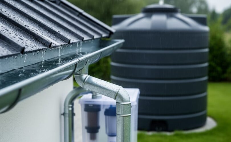 “Roof gutters and downspout directing rainwater into a filtration unit and large storage tank for a residential rainwater harvesting system.”