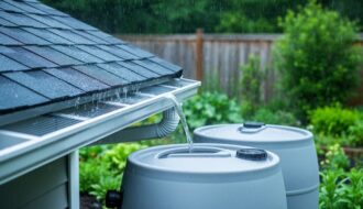 Rainwater falls on a home roof edge, with screened gutters channeling runoff into food-grade storage barrels for a rainwater harvesting system.