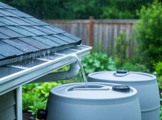 Rainwater falls on a home roof edge, with screened gutters channeling runoff into food-grade storage barrels for a rainwater harvesting system.