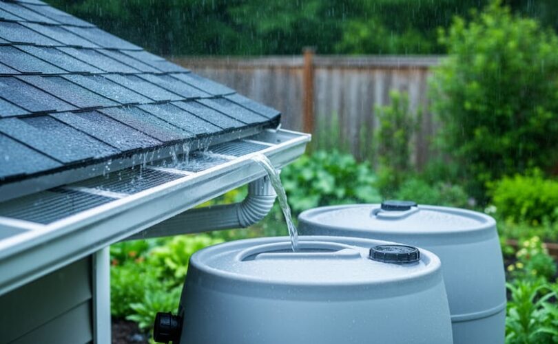 Rainwater falls on a home roof edge, with screened gutters channeling runoff into food-grade storage barrels for a rainwater harvesting system.