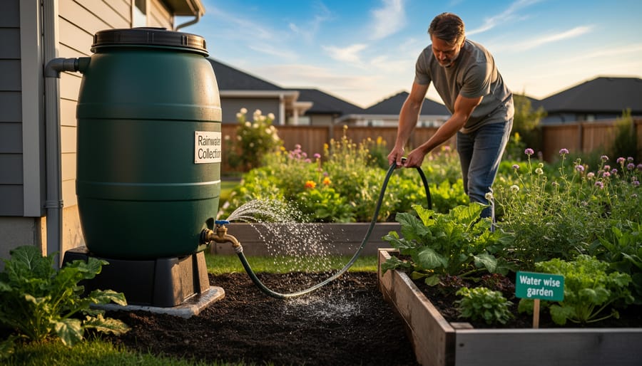 Soaker hose watering a vegetable garden with collected rainwater.