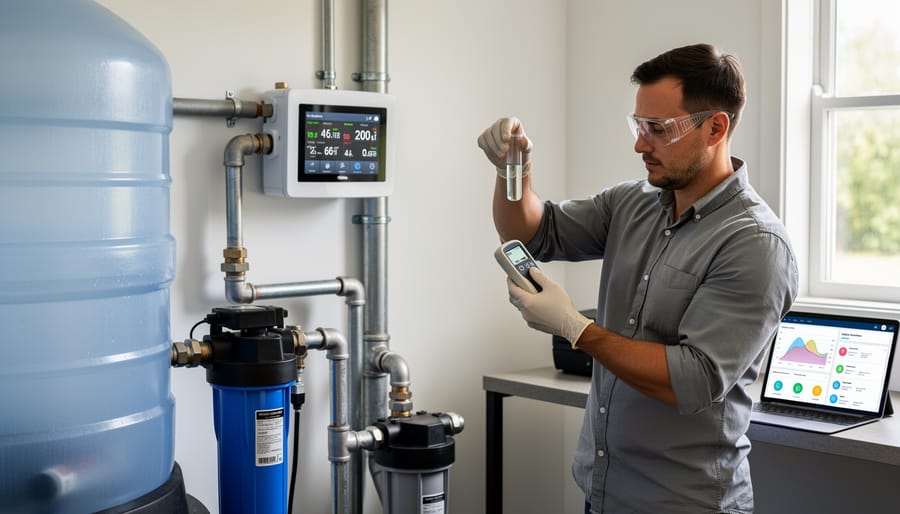 Gloved hands sampling water from a rainwater harvesting system for quality testing
