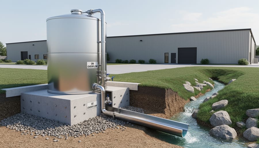 Rainwater storage tank with connected inlet and overflow outlet directing water away from the building foundation