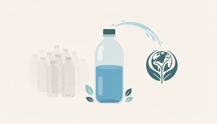 Reusable water bottle in sunlight with shimmering reflections suggesting sustainable water habits.