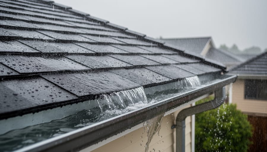 Rainwater flowing from rooftop gutters into downspouts on a wet residential roof