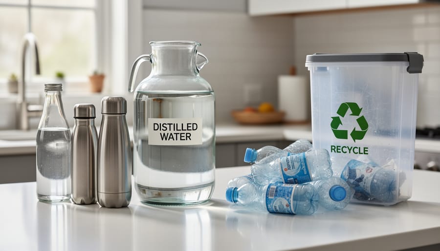 Reusable water container near a bin of recycled plastic bottles in a home environment