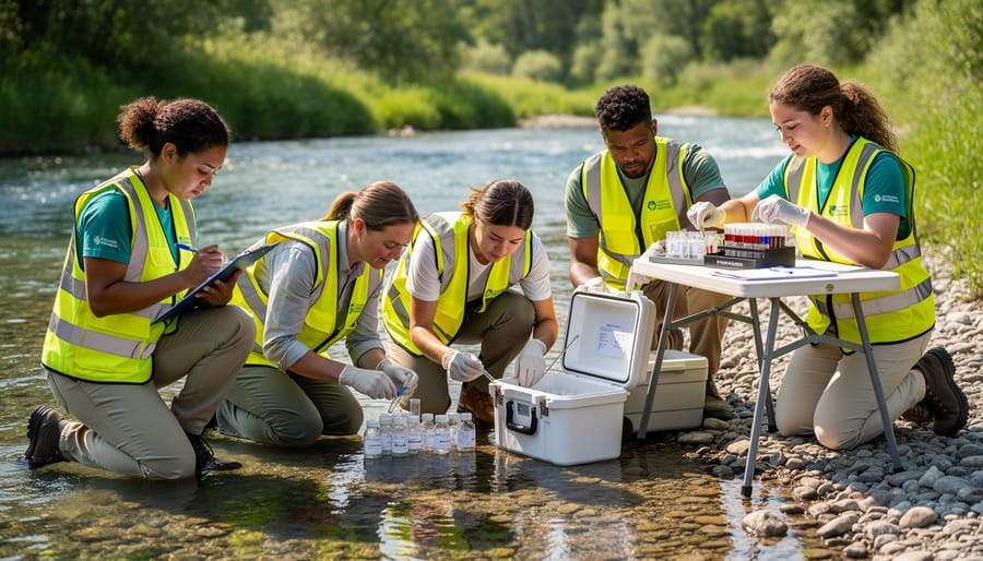Environmental volunteers collecting water samples by a riverbank with flowing water in the background.