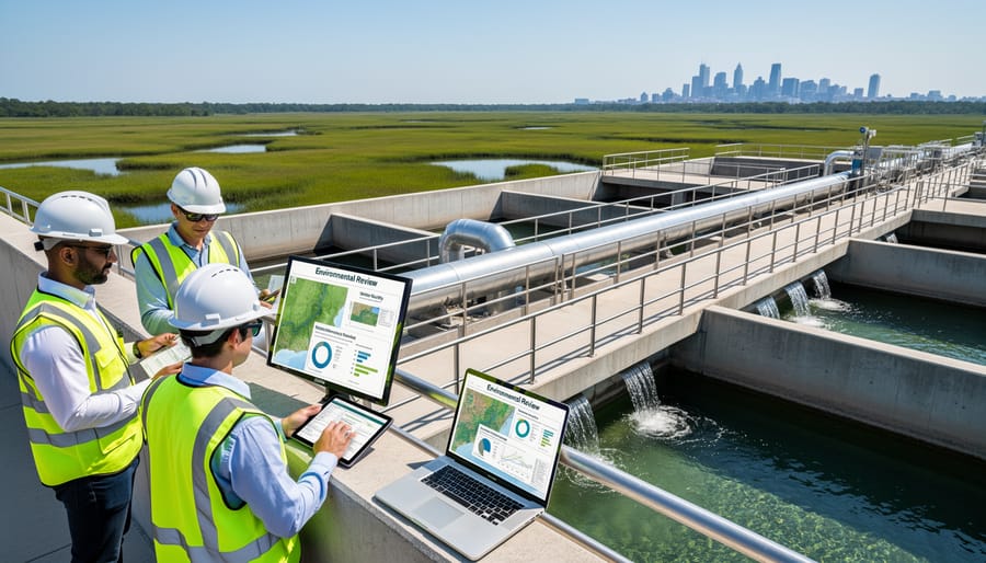 Technician inspecting pipes inside a water treatment facility