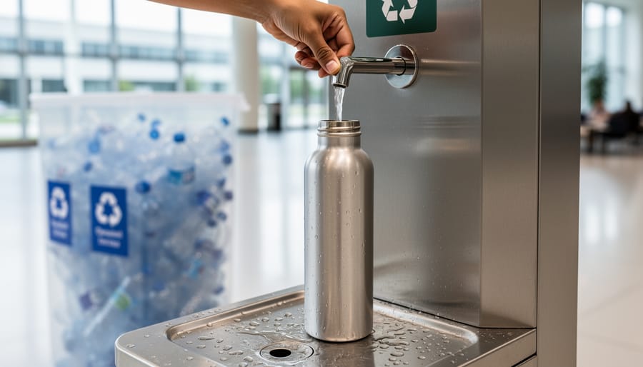 Reusable aluminum bottle being refilled at an outdoor water refill station.