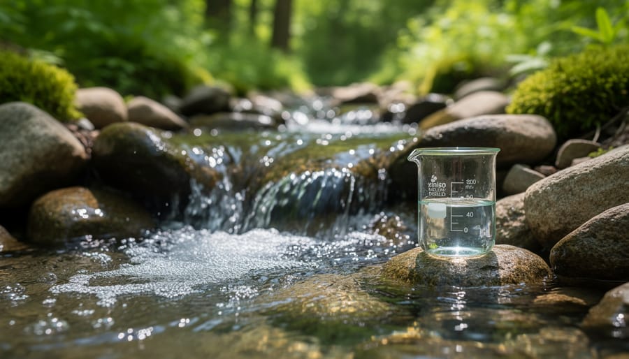 Close-up of clear water flowing into a container with soft ripples and natural background blur