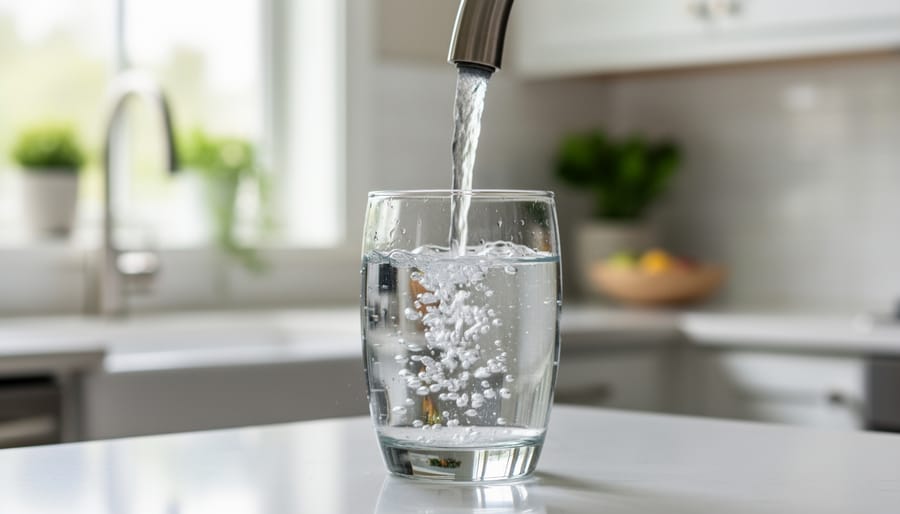 Clear drinking water filling a glass at a modern kitchen sink.
