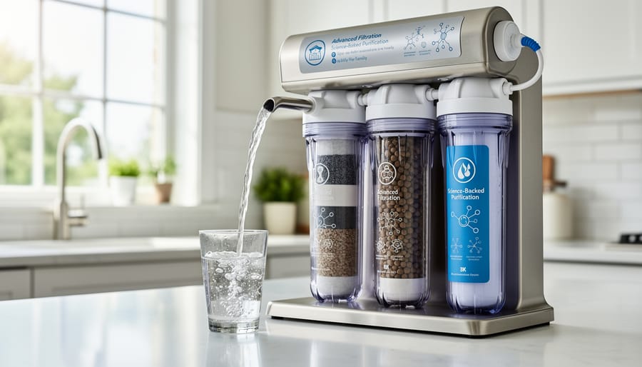 Countertop water filtration components with clear filter housing and stainless metal fittings.