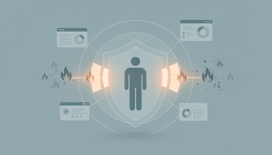 Person using a laptop with an abstract protective shield light effect around the hands