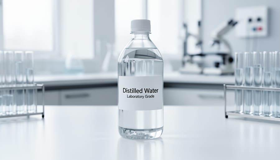 Clear distilled water in a glass beaker and bottle on a stainless workbench