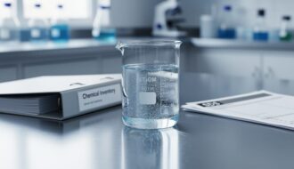 Clear beaker of distilled water on a laboratory bench with surrounding documentation to represent SDS compliance and recordkeeping.