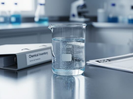 Clear beaker of distilled water on a laboratory bench with surrounding documentation to represent SDS compliance and recordkeeping.