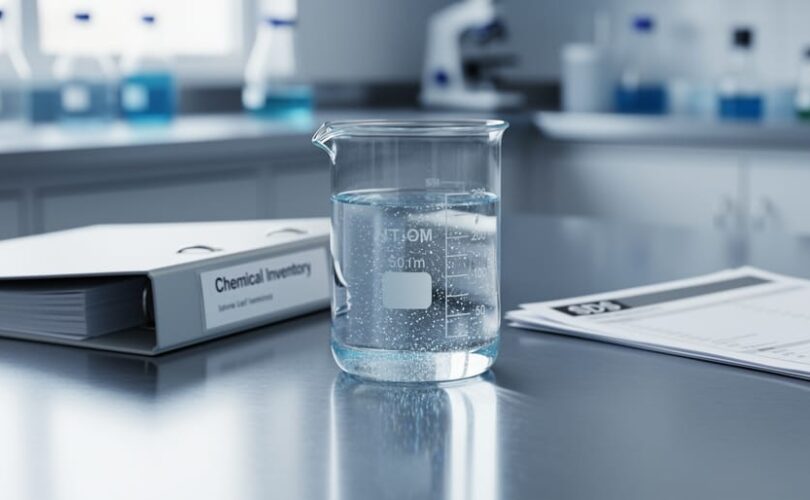 Clear beaker of distilled water on a laboratory bench with surrounding documentation to represent SDS compliance and recordkeeping.