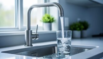 “Crystal-clear water pouring from a modern kitchen faucet into a glass, representing safe drinking water at home.”