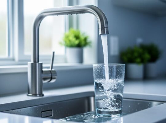 “Crystal-clear water pouring from a modern kitchen faucet into a glass, representing safe drinking water at home.”