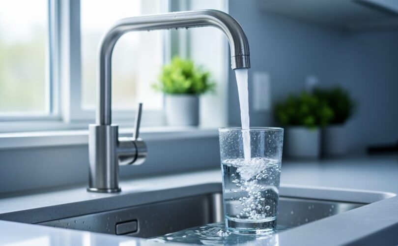 “Crystal-clear water pouring from a modern kitchen faucet into a glass, representing safe drinking water at home.”