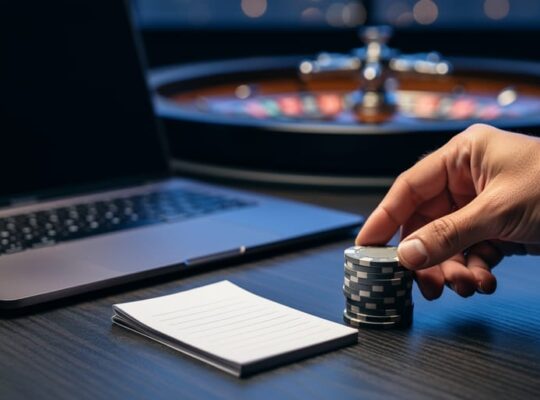 Close-up of casino chips and a blank notepad on a wooden table with a softly blurred roulette wheel in the background, conveying calm bankroll planning.