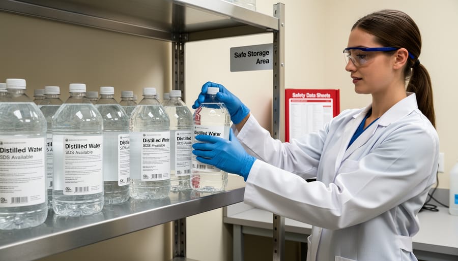 Gloved worker storing sealed distilled water in a clean storage cabinet with spill protection