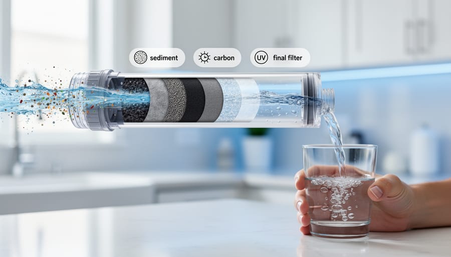 Close-up photo of a water filtration unit with flowing water behind a transparent chamber