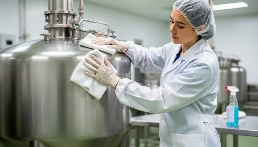 Gloved hand cleaning a stainless steel distillation unit with a soft brush and cloth.