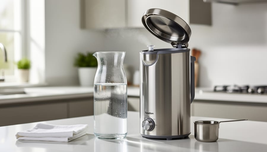 Glass carafe of clear water next to a stainless steel countertop water distiller in a clean kitchen.