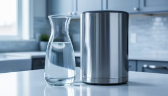 “Glass carafe of clear water next to a stainless-steel countertop distiller on a clean kitchen counter, suggesting purified drinking water safety.”