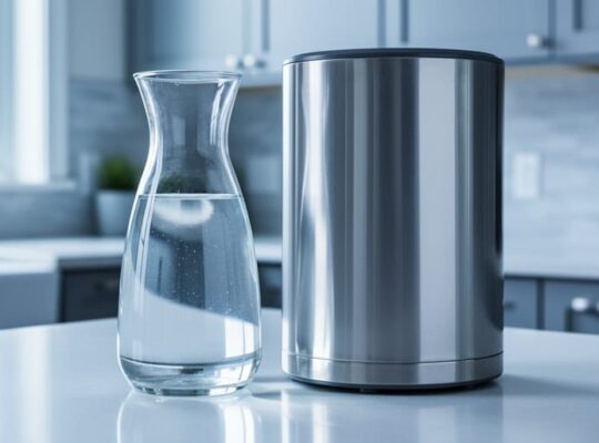 “Glass carafe of clear water next to a stainless-steel countertop distiller on a clean kitchen counter, suggesting purified drinking water safety.”
