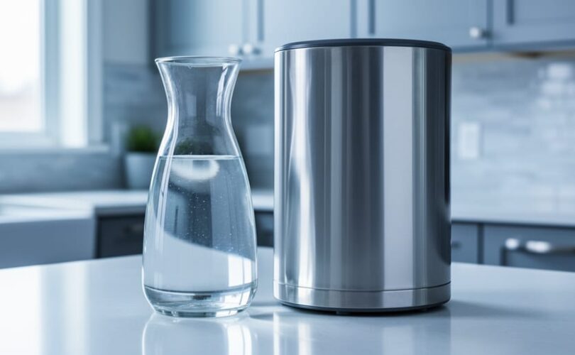 “Glass carafe of clear water next to a stainless-steel countertop distiller on a clean kitchen counter, suggesting purified drinking water safety.”
