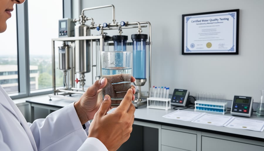 Technician holding a sealed water sample vial in a water testing laboratory.